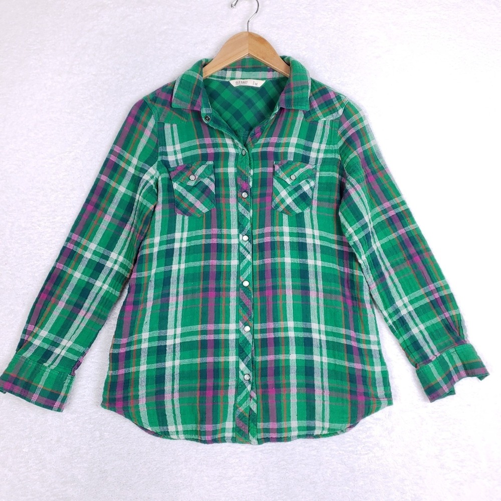 Old Navy Western Plaid Shirt M Green Pearl Snap Long Sleeve Cotton Flannel